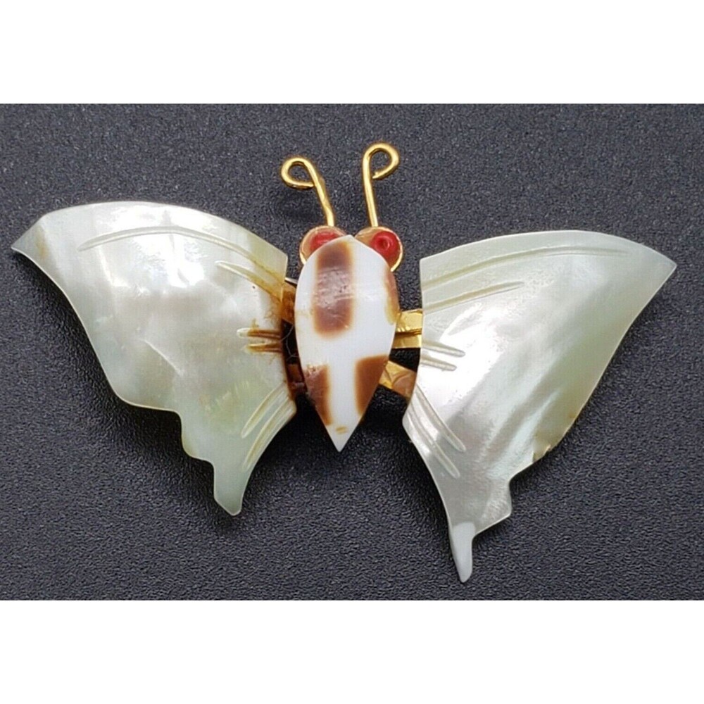 Butterfly Brooch Pin Mother of Pearl Carved Shell Center Red Beads Gold Vintage